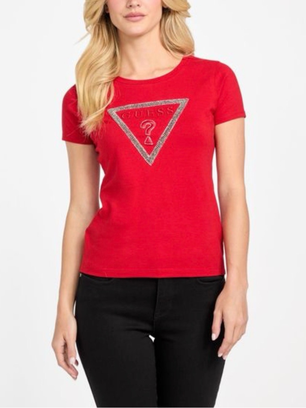 GUESS Red Short Sleeve Tee with Rhinestone Triangle Logo
